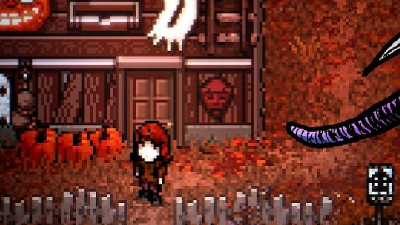 Welcome to Elderfield player standing in front of a pumpkin-covered farmhouse in pixel art