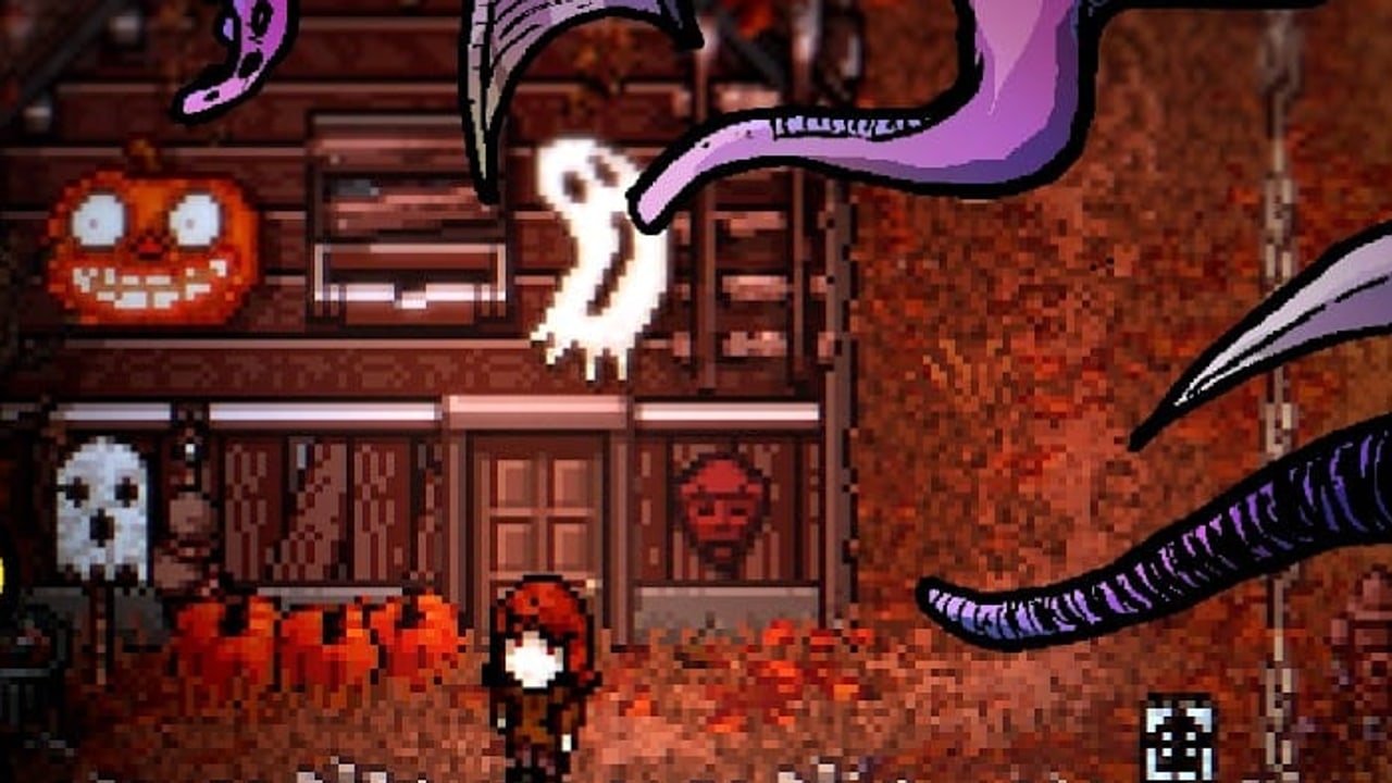 Welcome to Elderfield farmhouse scene with pumpkins, a hanging ghost, and the player in town